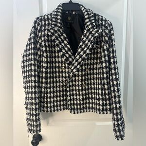 House of Harlow 1960 Cropped Tweed Blazer Black White Houndstooth Size L NWT